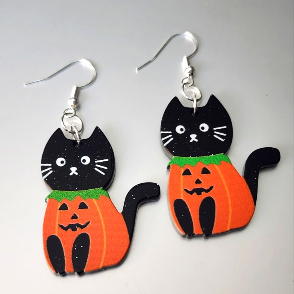 CAT PUMPKIN Sparkle ACRYLIC LIGHTWEIGHT EARRINGS